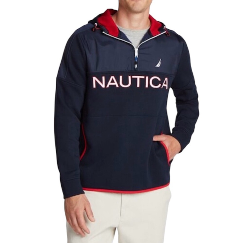 Nautica Men's Nautex Classic Fit Quarter-Zip Navy Fleece Hoodie Size XL
